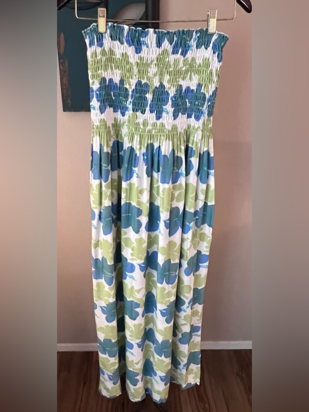 Blue Ginger Hawaiian Smocked Floral Strapless Maxi Dress Large
